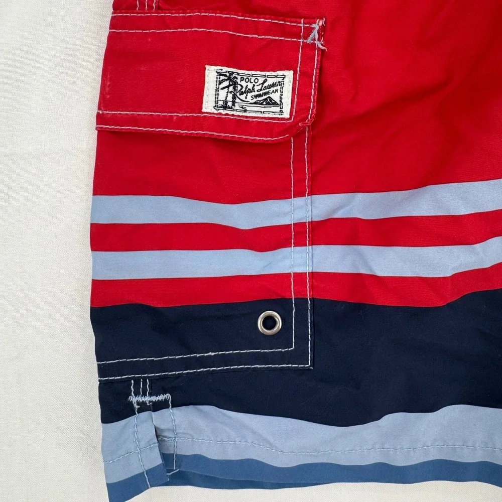 Polo Ralph Lauren Swim Trunks Boys Size 8 Red & Navy Blue Striped Board Shorts
